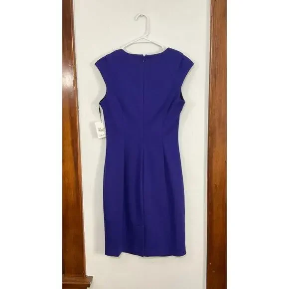NWT Calvin Klein Blue Byzantine Side Ruched Cap Sleeve Sheath Dress Size 6 Small - Picture 2 of 7